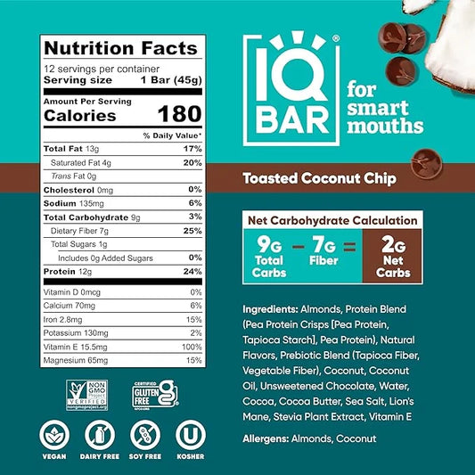 IQBAR Brain and Body Plant Protein Bars - Toasted Coconut Chip - 24-Count Low Carb - Gluten Free, High Fiber, Vegan Snacks...