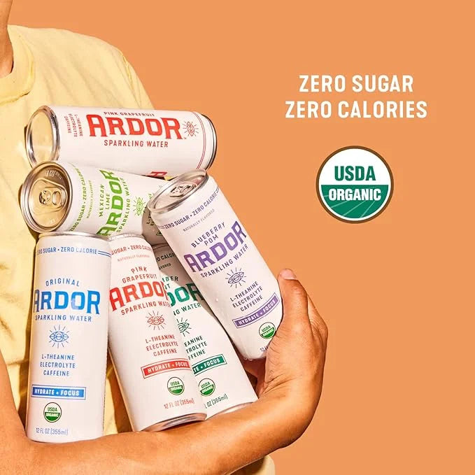 ARDOR ENERGY Sparkling Water Tropical Mango 12 pack with 100mg Organic Caffeine from Green Tea & 200mg Organic L-Theanine ...