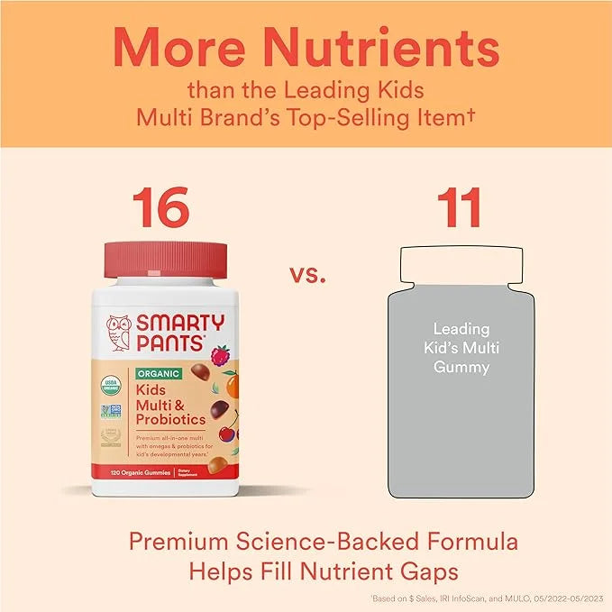 SmartyPants Organic Kids Multivitamin Gummies: Probiotics, 3 (ALA), D3, C, B12, B6, B6, Vitamin 120 Count (30 Day