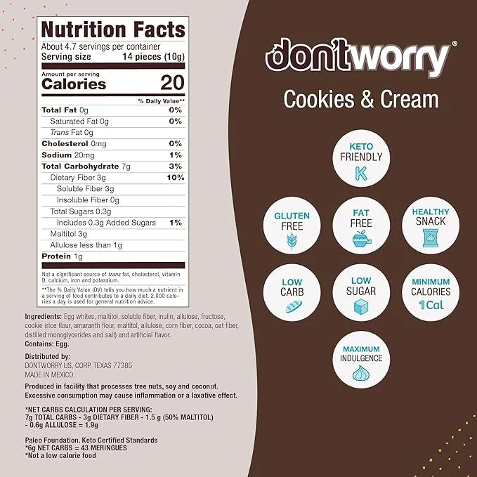Don't Worry Meringue Cookies Keto Friendly - Cappucino & Cookies and Cream, Only 1 Calorie per piece!, Healthy Candy, Glut...