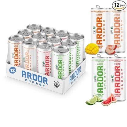 ARDOR ENERGY Sparkling Water TROPICAL variety 12 pack with 100mg Organic Caffeine from Green Tea & 200mg Organic L-Theanin...