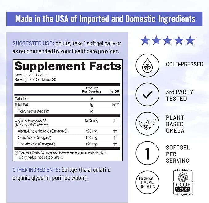 NatureWise Flaxseed Oil 1200 mg, Fish Free Omega 3 6 9 with 720mg ALA, Dietary Supplement for Heart Health Support - Organ...