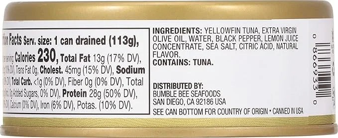 Bumble Bee Prime Lemon & Pepper Yellowfin Tuna in Extra Virgin Olive Oil, 5 oz Can - Wild Caught Ahi Tuna - 28g Protein Pe...