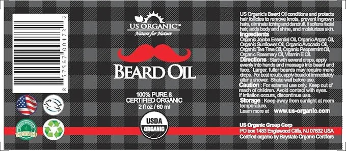 US Organic Beard Oil, 100% Pure, USDA Certified, Softens, shine, moisturizes, Amber Glass Bottle with Eye Dropper, 2 Ounce...