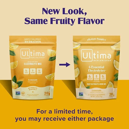 Ultima Replenisher Daily Electrolyte Powder Drink Mix – Lemonade, 20 Stickpacks – Hydration Packets with 6 Key Electrolyte...