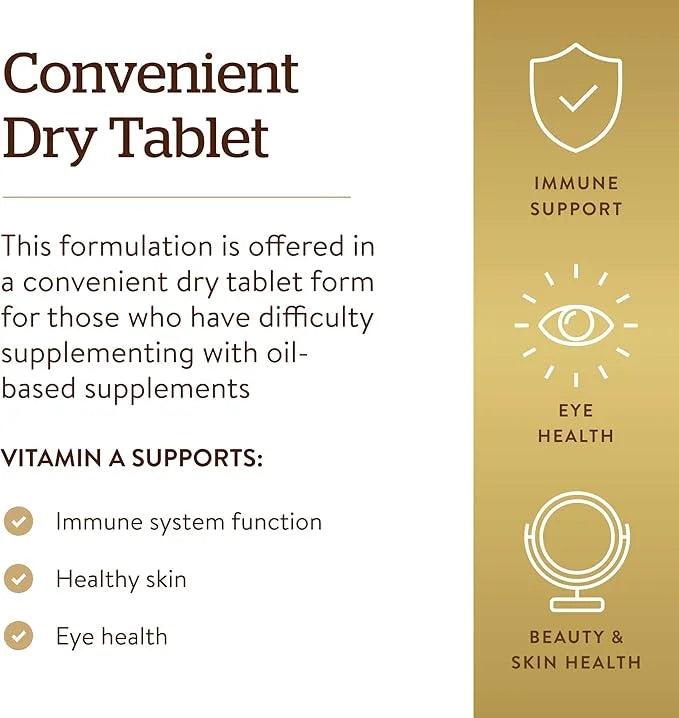 SOLGAR Dry Vitamin A 1500 mcg (5000 IU), 100 Tablets 100 Servings 2)