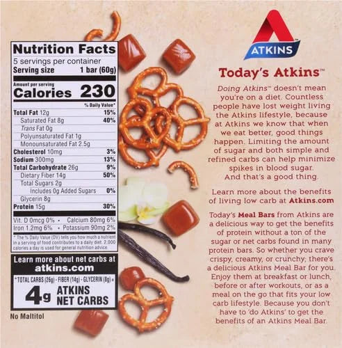 Atkins Vanilla Caramel Pretzel Protein Meal Bar, High Fiber, 2g Sugar, 4g Net Carbs, Meal Replacement, Keto Friendly, 5 Co...