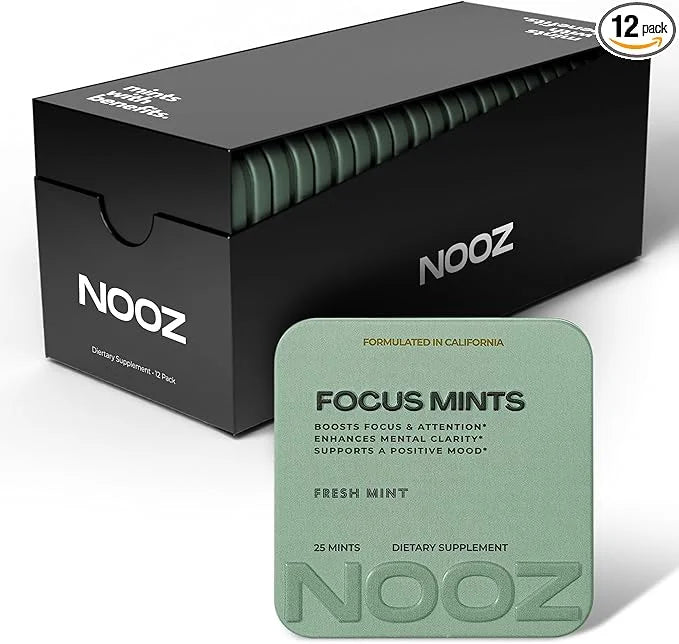 NOOZ Focus Mints 12-Pack - Caffeine-Free Brain Booster for Mental Clarity - Fresh Mint Flavor | Sugar-Free, Travel-Friendl...