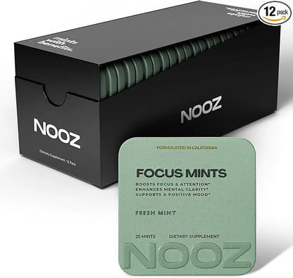 NOOZ Focus Mints 12-Pack - Caffeine-Free Brain Booster for Mental Clarity - Fresh Mint Flavor | Sugar-Free, Travel-Friendl...