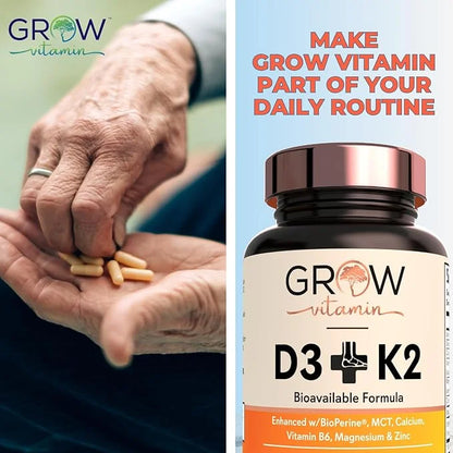 grow vitamin D3 K2 w/MCT Oil - 10,000 IU D3, 100 mcg K2 MK7, Calcium, Zinc, BioPerine, Magnesium for Superior Absorption -...