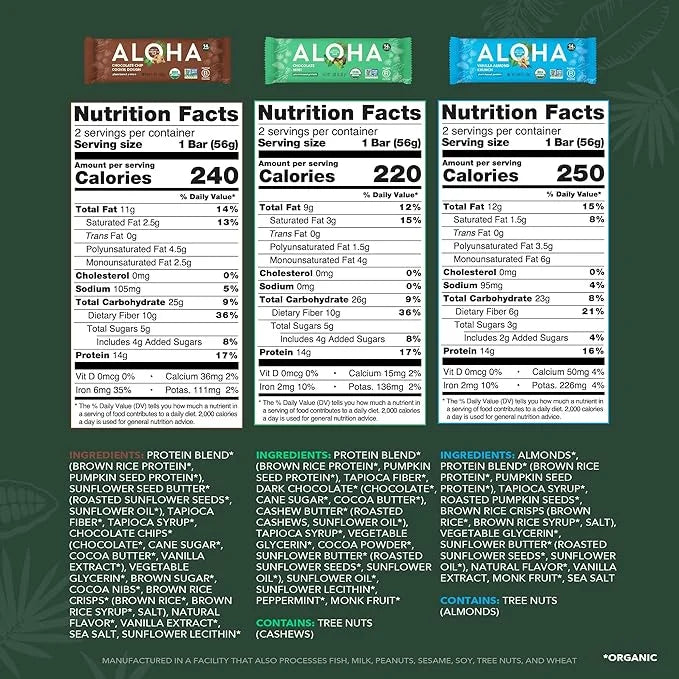 ALOHA Organic Plant Based Protein Bars - 6 Flavor Variety Pack - 12 Count, 1.9oz Bars - Vegan Snacks, Low Sugar, Gluten-Fr...