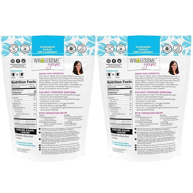 Wholesome Yum Besti Natural Powdered Sugar Substitute - Keto Confectioners Monk Fruit Sweetener Blend With Allulose (No Er...