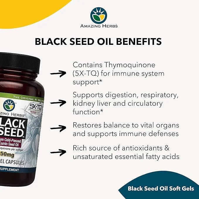 Amazing Herbs Premium Black Seed Oil Capsules - High Potency, Cold Pressed Nigella Sativa Aids in Digestive Health, Immune...
