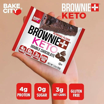 Bake City Brownie+ Keto | 1.2oz Brownie (12 pack), Gluten Free, 0g Sugar, Only 3g Net Carbs, Good Fats, 4g Protein, Kosher...