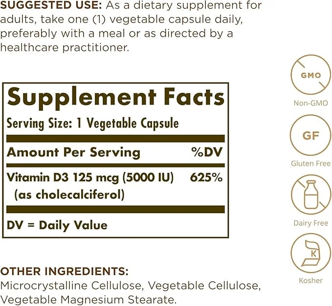 SOLGAR Vitamin D3 (Cholecalciferol) 125 mcg (5000 IU) 60 Vegetable 60 Servings