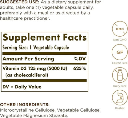 SOLGAR Vitamin D3 (Cholecalciferol) 125 mcg (5000 IU) 60 Vegetable 60 Servings