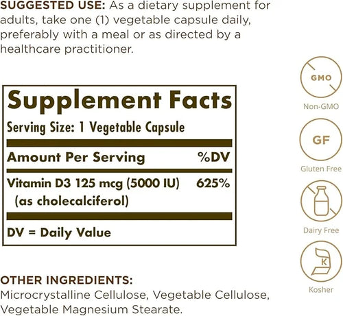 SOLGAR Vitamin D3 (Cholecalciferol) 125 mcg (5000 IU) 60 Vegetable 60 Servings