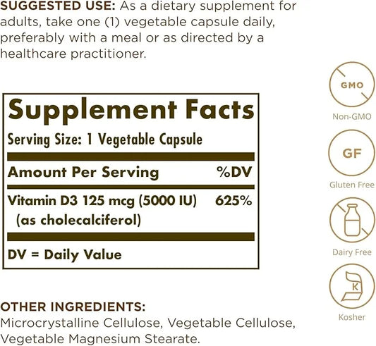 SOLGAR Vitamin D3 (Cholecalciferol) 125 mcg (5000 IU) 60 Vegetable 60 Servings