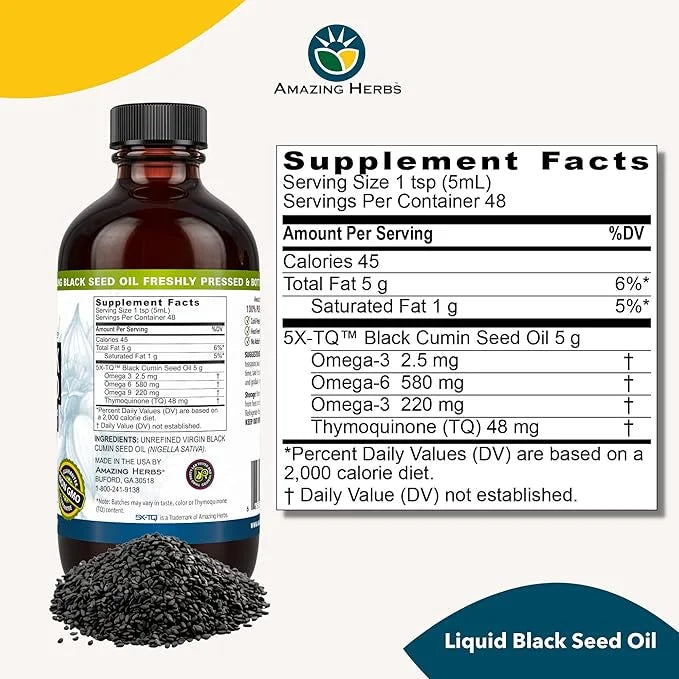 Amazing Herbs Premium Black Seed Oil - Gluten Free, Non GMO, Cold Pressed Nigella Sativa Aids in Digestive Health, Immune ...