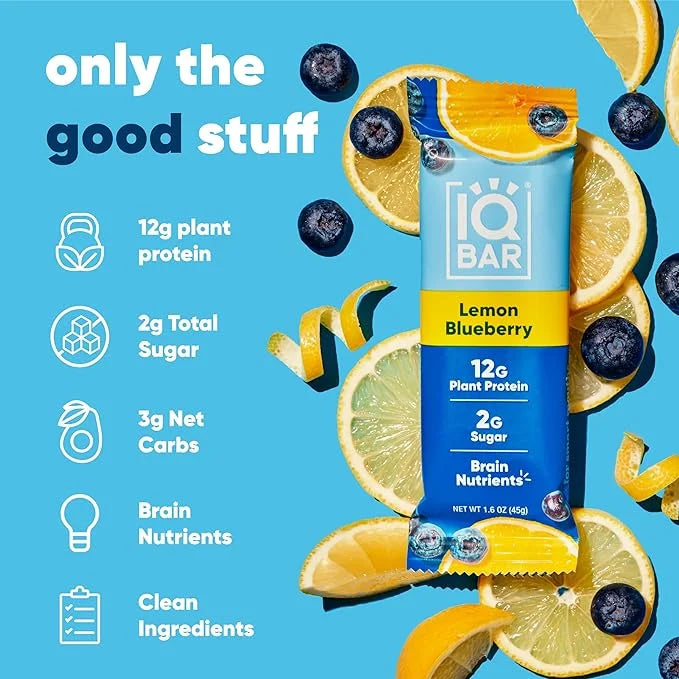 IQBAR Brain and Body Plant Protein Bars - Lemon Blueberry - 36-Count Low Carb - Gluten Free, High Fiber, Vegan Snacks - Lo...