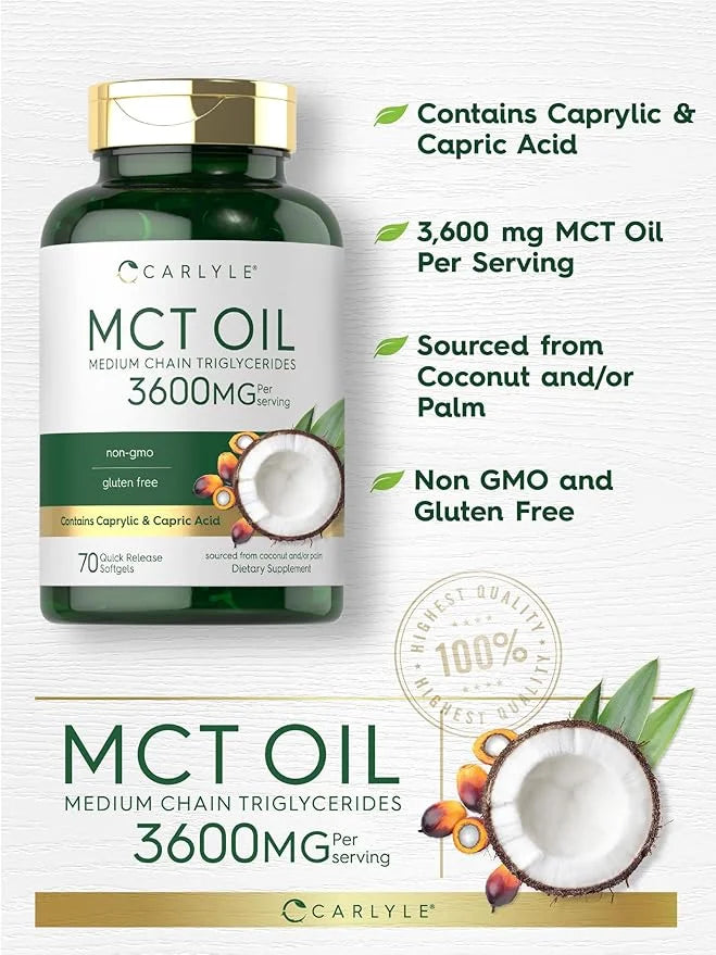 Carlyle MCT Oil Capsules 3600 mg | 70 Softgels | Keto Coconut Oil Pills | Non-GMO & Gluten Free Supplement - Product Image
