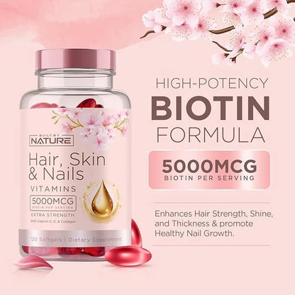 Hair Skin and Nails Vitamins – 5000mcg Biotin 120 Softgels