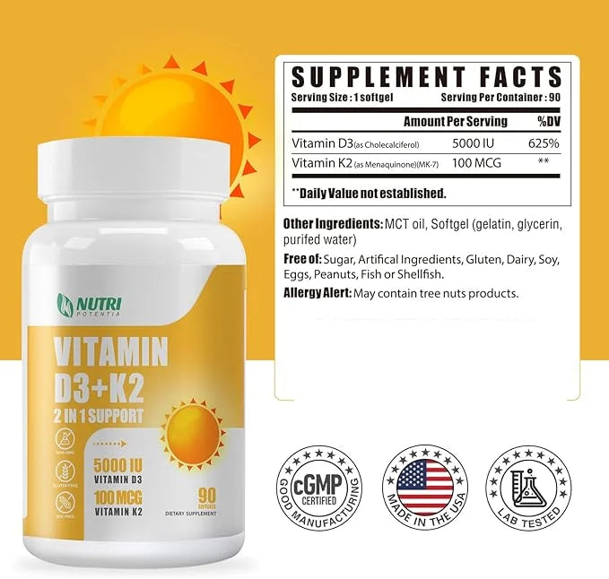Vitamin D3 K2 Supplement with MCT Oil, Vitamin D3 5000 IU and K2 100 mcg Softgel, Bone and Heart Health Support Supplement...