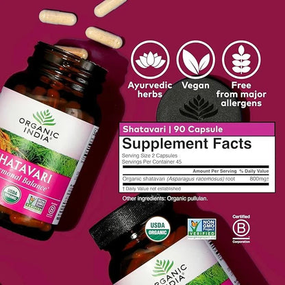 ORGANIC INDIA Shatavari Capsules - Herbal Supplement, Supports Hormonal Balance, Immune System Support, Vegan, Gluten-Free...