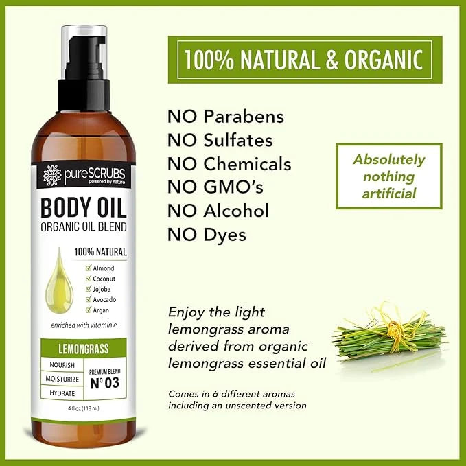 pureSCRUBS Ultra Moisturizing Lemongrass Body Oil Spray for Dry Skin, Massage, & More, Organic Super Blend of Jojoba, Arga...