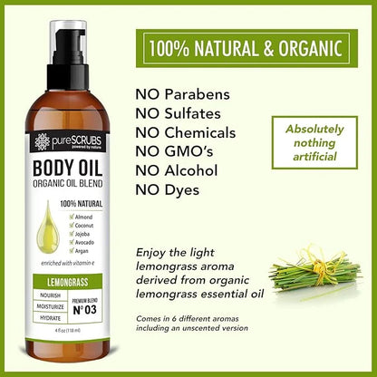 pureSCRUBS Ultra Moisturizing Lemongrass Body Oil Spray for Dry Skin, Massage, & More, Organic Super Blend of Jojoba, Arga...