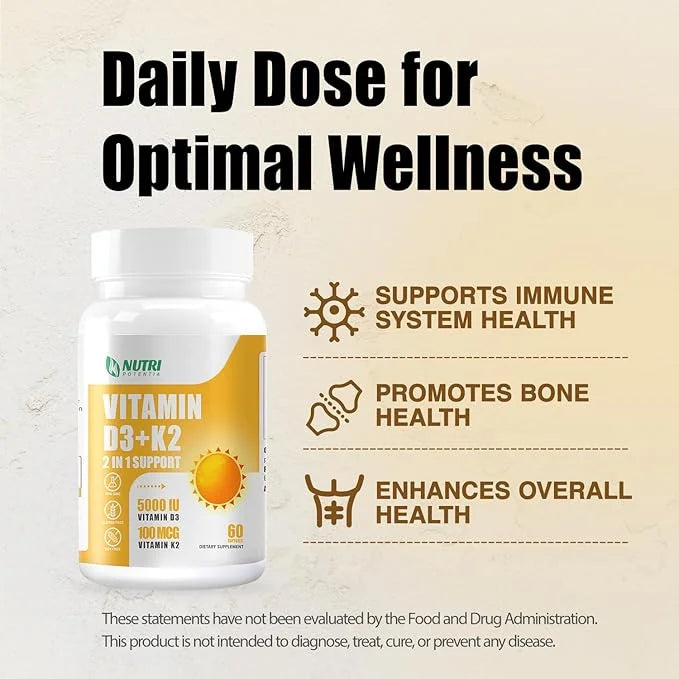 Vitamin D3 K2 with MCT Oil, Vitamin D3 5000 IU and K2 100mcg, Formula 2 in 1 for Bone and Heart Health, Gluten Free - 60 C...