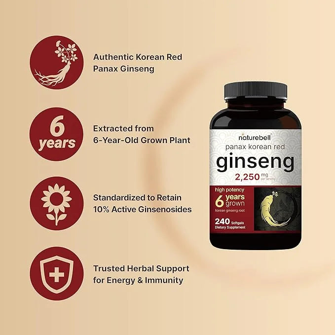 Korean Red Ginseng 2,250mg Per Serving, 240* Softgels 10% Ginsenosides,