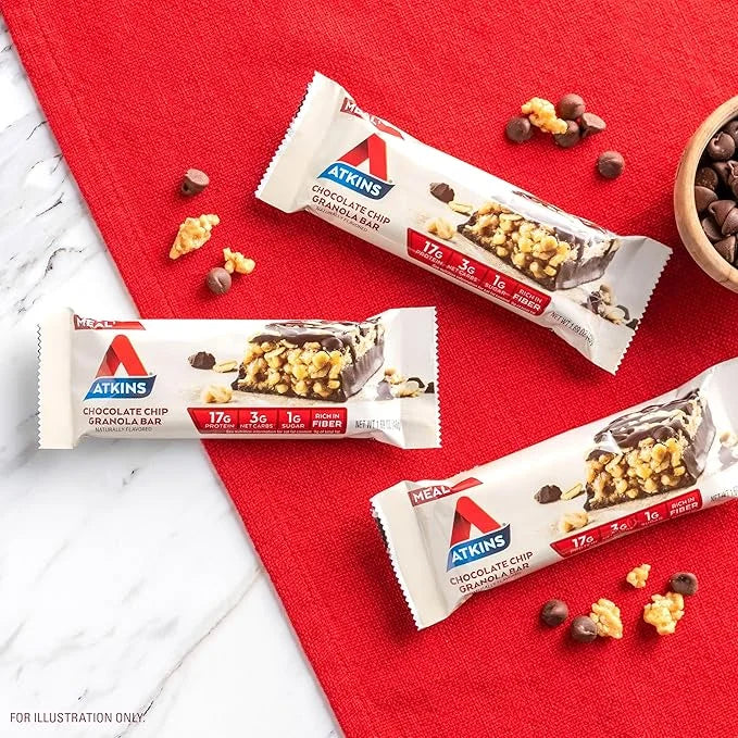 Atkins Chocolate Chip Granola Protein Meal Bar, High Fiber, 17g Protein, 1g Sugar, 3g Net Carbs, Meal Replacement, Keto Fr...