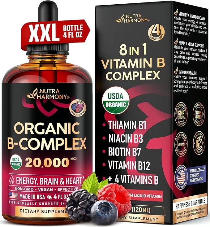 USDA Organic Vitamin B-Complex B5 Pantothenic Acid B12 Methylcobalamin B1 Thiamine B6 Pyridoxine B7 Biotin B9 Folic B3 Nia...