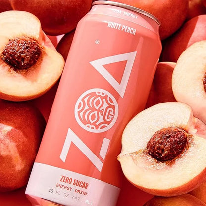 ZOA Zero Sugar Energy Drinks, White Peach - Sugar Free with Electrolytes, Healthy Vitamin C, Amino Acids, Essential B-Vita...