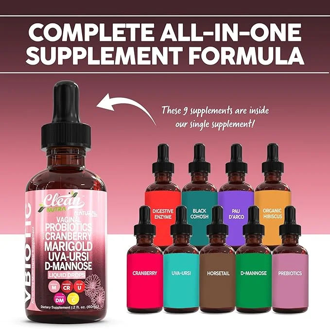 Clean Nutraceuticals VBiotic Vaginal Probiotic for Women Liquid Drops | Cranberry Uva Ursi Horsetail D-Mannose Prebiotics ...