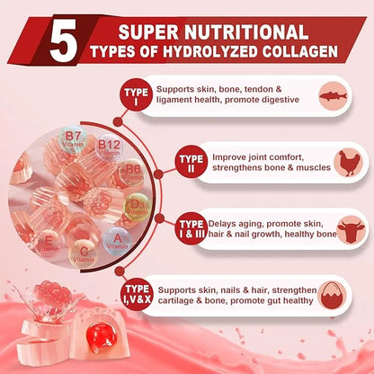2Pack Sugar-Free Hydrolyzed Collagen Peptide Filled 1500mg Protein 5000mcg Biotin D3 B6 B6 B12 B12 for