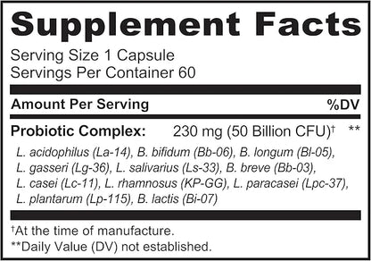 NATURELO Probiotics for Digestive Health 50 Billion 11 Strains, 60 Vegetarian (2 Pack)