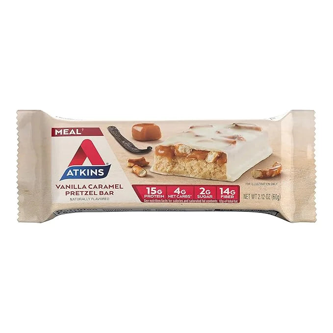 Atkins Vanilla Caramel Pretzel Protein Meal Bar, High Fiber, 2g Sugar, 4g Net Carbs, Meal Replacement, Keto Friendly, 5 Co...