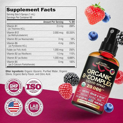USDA Organic Vitamin B-Complex Liquid Spray 8-in-1 B5 Pantothenic B12 Methylcobalamin B1 Thiamine B6 Pyridoxine B7 Biotin ...