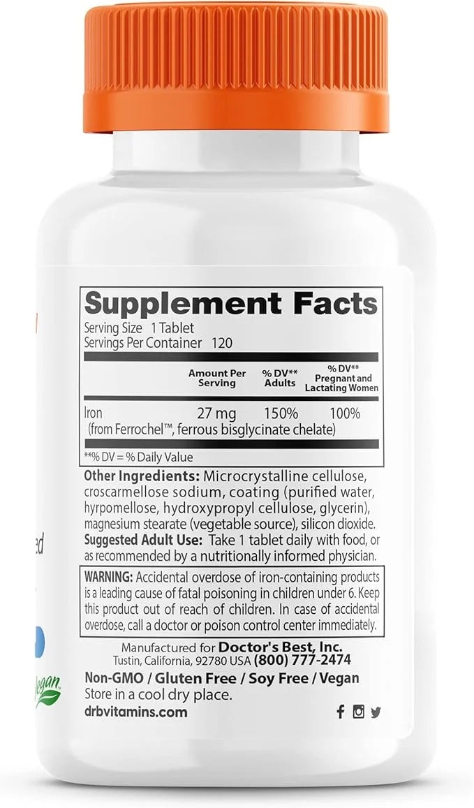 Doctor's Best High Absorption Iron Tablet with Ferrochel, Gentle on The Stomach, Immune Health, Blood Health, 27 mg (Pack ...
