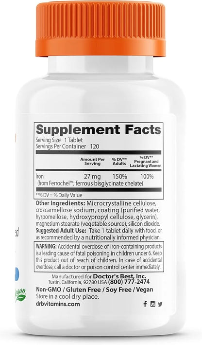 Doctor's Best High Absorption Iron Tablet with Ferrochel, Gentle on The Stomach, Immune Health, Blood Health, 27 mg (Pack ...