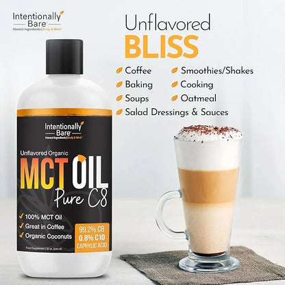 Intentionally Bare Pure C8 MCT Oil Organic - Brain Octane C8 MCT Oil for Keto Paleo & Vegan Diet - Unflavored MCT Oil C8 f...