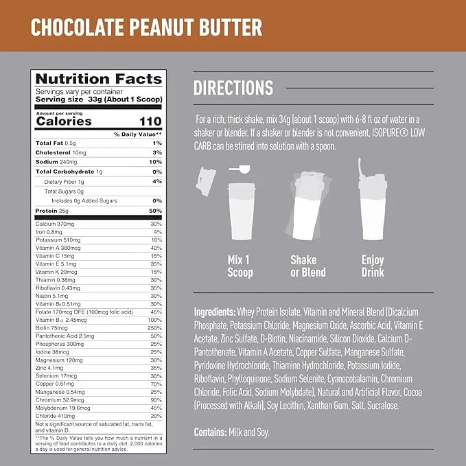 Isopure Low Carb 100% Pure Whey Isolate Protein Powder, Lactose Free, Gluten Free, With Vitamins, Chocolate Peanut Butter,...