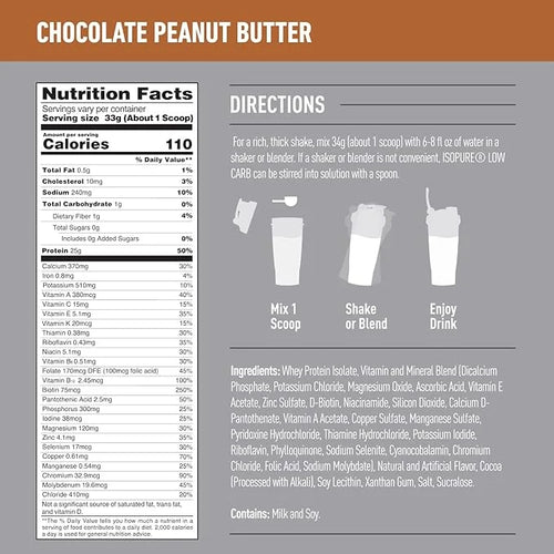 Isopure Low Carb 100% Pure Whey Isolate Protein Powder, Lactose Free, Gluten Free, With Vitamins, Chocolate Peanut Butter,...