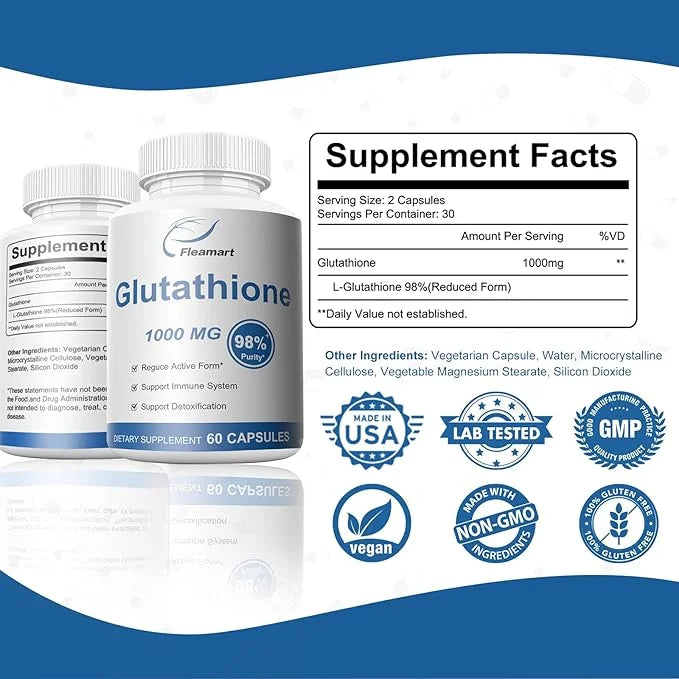 Glutathione Supplement 98%+ Highly Purified and Bioavailable 1000mg Immune 60 Capsules