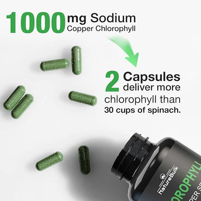 Chlorophyll Capsules 1000mg - 100% Natural Potency Concentration for Women & Men, Gut Health, Skin Support - Natural Energ...