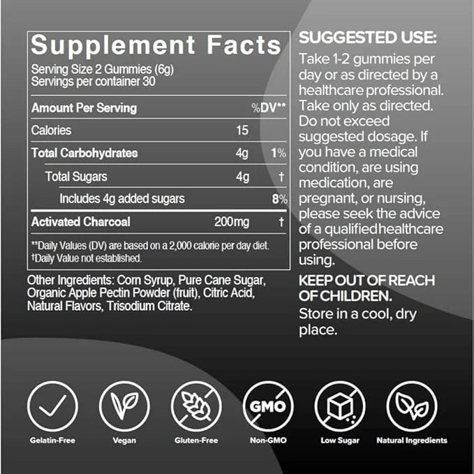 gumi Nutrition Coconut Activated Charcoal Gummies - Charcoal Supplements for Detox, Oral Health & Gut Health - 200mg Gummy...