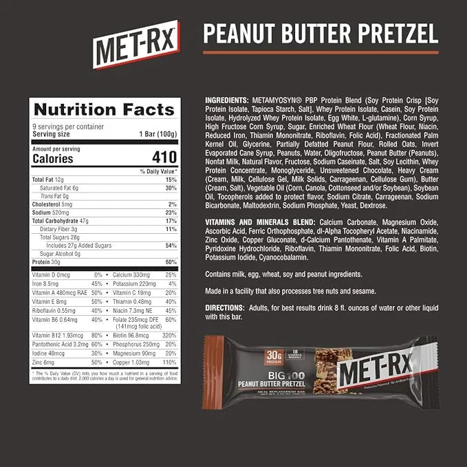 MET-Rx Big 100 Colossal Protein Bars, Great as Healthy Meal Replacement, Snack, and Help Support Energy, Peanut Butter Pre...