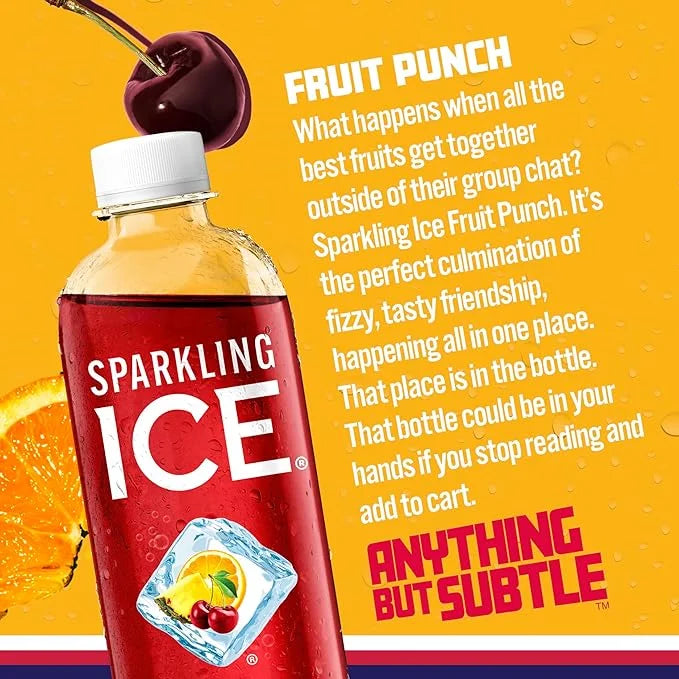 Sparkling Ice, Fruit Punch Sparkling Water, Zero Sugar Flavored Water, with Vitamins and Antioxidants, Low Calorie Beverag...